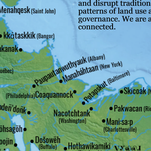 A zoomed in portion of the map. In the center is a city labled Manaháhtaan(New York)
